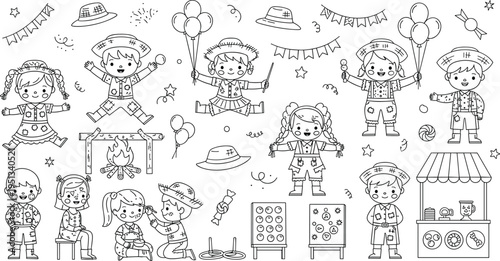 Festa Junina Children Celebration Icon Set with Traditional Costumes, Festival Activities, Bonfire, Balloons and Brazilian Culture Illustration Collection