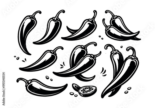 Chili peppers forming a collection of black and white graphic elements, illustrating spicy food, seasoning ingredients, and heat