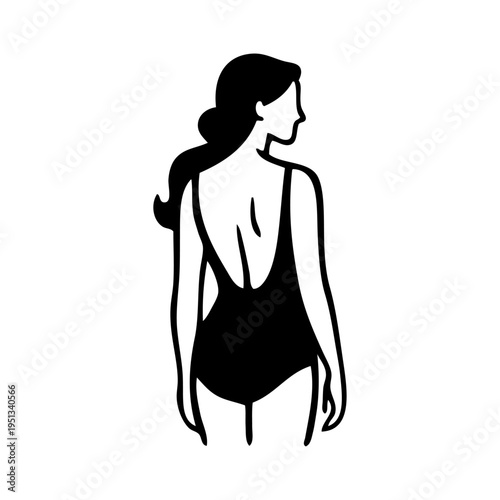 Logotipo con dibujo con líneas de una mujer con bikini de estilo retro, posando de espaldas 