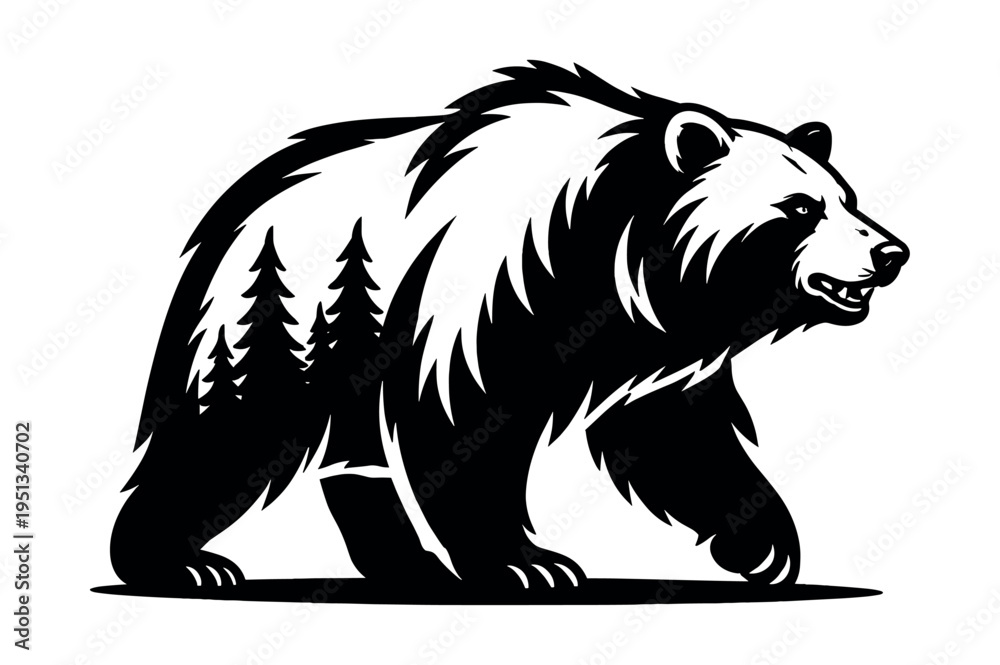 Fototapeta premium Bear with pine trees forming a double exposure effect, representing ecology, wildlife, and nature