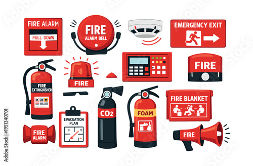 Fire safety equipment set presenting essential tools and signs for emergency prevention and protection