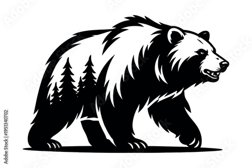 Bear with pine trees forming a double exposure effect, representing ecology, wildlife, and nature
