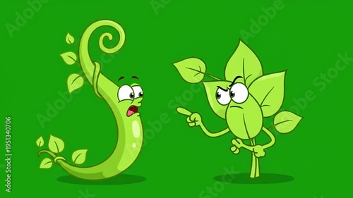 Animated green plant characters arguing on green background perfect for educational and childrens animated content production