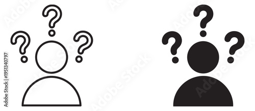 Person with question mark icons, solid and outline styles, thinking and confusion symbols, doubt, inquiry, question, vector design