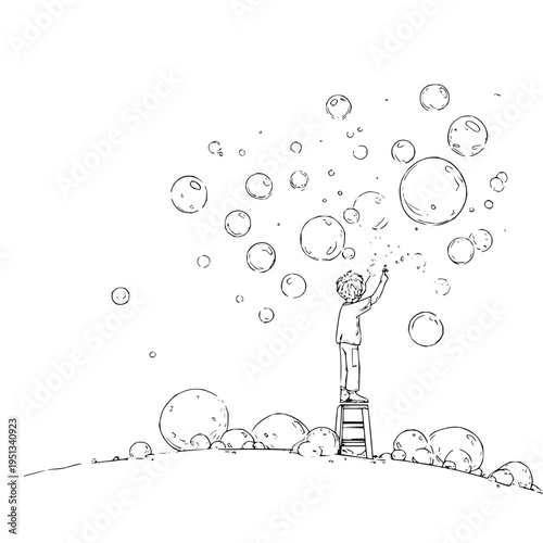 Little boy standing on a small wooden stool reaching up to touch floating soap bubbles in a minimalist hand drawn ink illustration on a clean white background concept