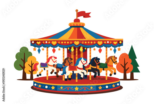 Vibrant flat design illustration featuring a traditional merry-go-round with decorative horses surrounded by park trees