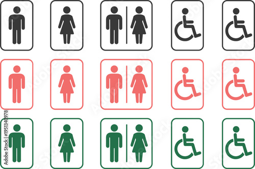 Collection Of Restroom Pictograms For Men Women And Disabled People In Black Pink And Green toilet sign