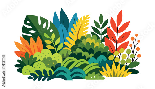 Vibrant cartoon illustration portraying a lush display of tropical plants and exotic jungle leaves against a clean white backdrop
