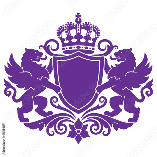 Purple heraldic crest with shield lions crown and decorative elements isolated on transparent background