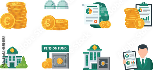 Financial Management and Pension Fund Icons with Coins, Bank, Investment, and Report Vector Illustration