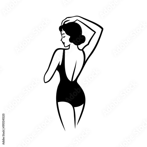 Logotipo con dibujo con líneas de una mujer con bikini de estilo retro, posando de espaldas con una mano en la cabeza 