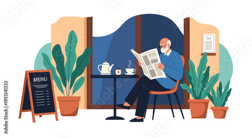 Senior man relaxing at a sidewalk cafe while reading a newspaper and enjoying a cup of tea near potted plants.