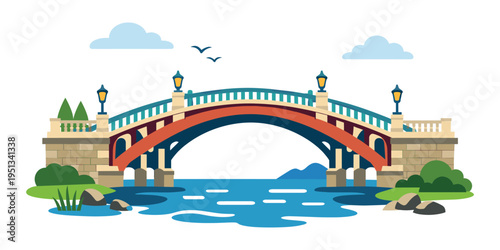 Stone arch bridge with streetlights and balustrades across blue water, featuring clouds, birds, bushes and rocks