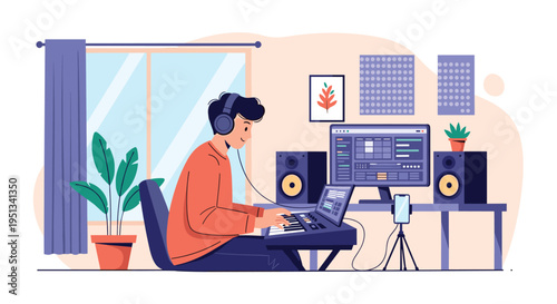 Young musician wearing headphones while producing music on a keyboard and computer in a home recording studio.