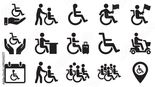 Wheelchair accessibility and disability support glyph icon set for inclusive care, assisted travel, and community services UI design