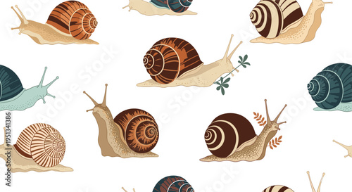 Seamless background pattern showing various brown and green garden snails crawling across a white surface in a garden.
