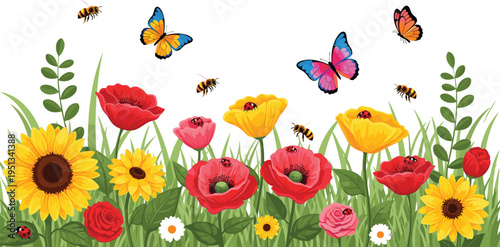 Flower Garden Icon Set with Sunflowers, Poppies, Butterflies, Bees, and Vibrant Blooms for Pollination, Spring, and Nature Conservation