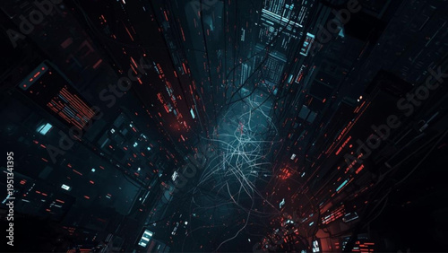 Aerial view of a dark cityscape with neon lights reflecting off wet pavement at night