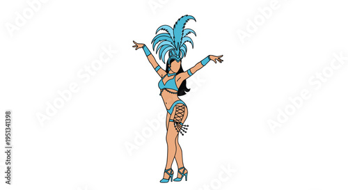 Elegant woman posing in a light blue carnival costume adorned with tall feathers and intricate jewelry details.