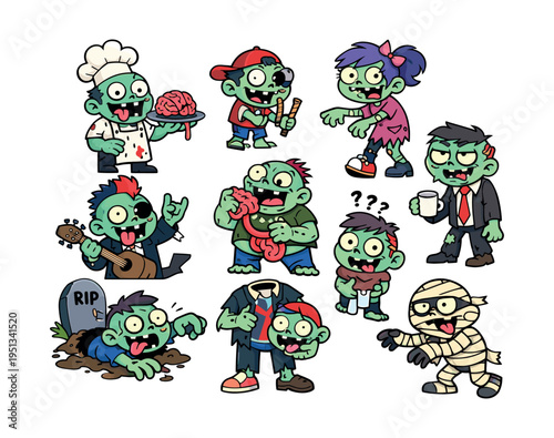 Cartoon zombie characters showcasing a range of outfits and poses, embodying the playful and eerie spirit of Halloween