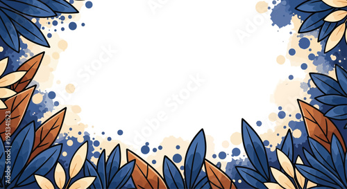 Abstract watercolor border design features dark blue and tan tropical foliage surrounding a central white copy space for text.