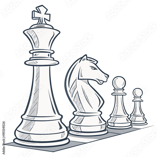 White chess queen and pawn on chessboard with game pieces strategy competition.