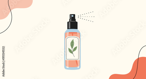 Small clear spray bottle containing peach-colored liquid product with a leaf illustration on the minimalist label.