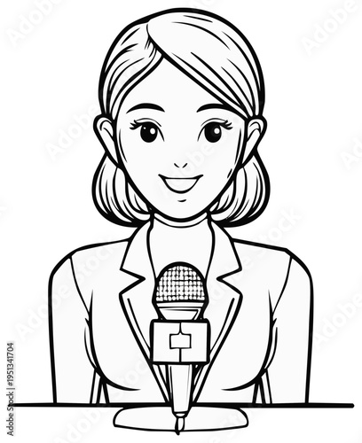 Cartoon news reporter with microphone smiling at camera.