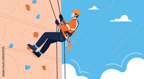 Brave man in safety gear and a helmet climbing up a steep rock wall against a clear blue sky with white clouds.