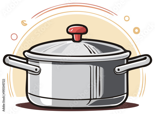 Cartoon illustration of a metallic cooking pot with lid and a red knob for preparing food