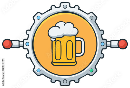 Craft Beer Mug Icon Inside Gear Emblem Concept, Refreshing Beverage inside of Cogwheel Symbol Design