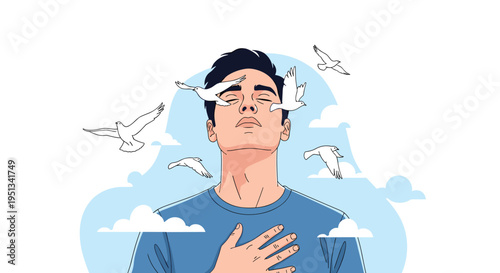 Man closing his eyes in peace while white birds fly around his head against a cloudy blue sky background.