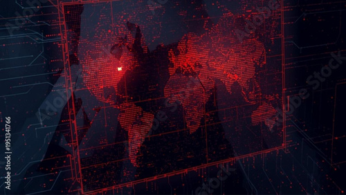 Global threat map with red glowing world continents on dark background