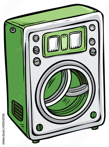 Green retro front loading washing machine cartoon illustration for laundry tasks