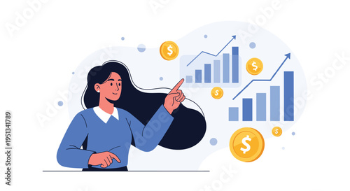 Successful businesswoman pointing at rising financial growth charts and gold dollar coins in a virtual office space.