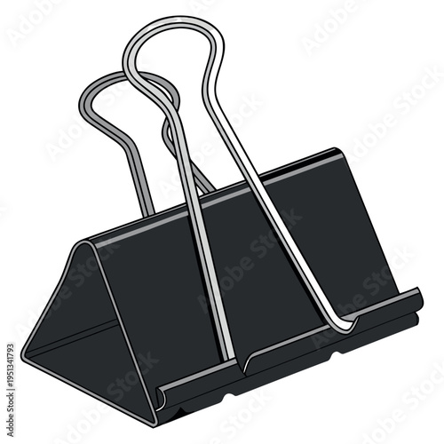 A close up of a black metal paper clip isolated on a white background representing an office stationery tool used to hold documents together.