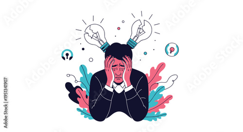Stressed man holding his head in despair with broken lightbulbs above him representing a complete lack of new ideas.