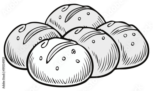 Hand drawn sketch of a pile of rustic crusty bread rolls with scoring