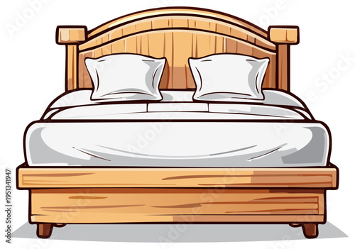 Cartoon illustration of a cozy wooden double bed with fresh white bedding