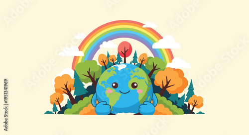 Happy smiling earth planet character surrounded by colorful autumn trees and a bright rainbow in the cloudy sky.