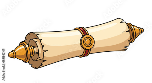 Antique paper scroll is tightly rolled and secured with an ornate golden band featuring a central circular seal emblem.