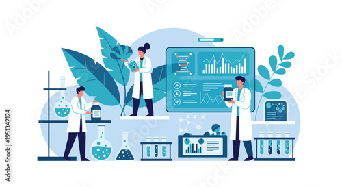 Team of scientists in white coats works in a modern laboratory analyzing plant samples and complex genetic data on digital screens.
