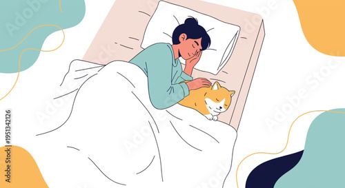 Young woman sleeps peacefully in her bed under a white blanket while cuddling with her cute ginger cat in a cozy bedroom setting.