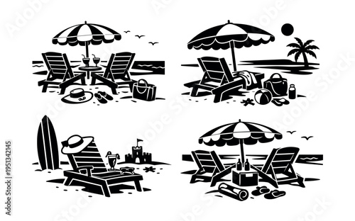 Collection of items for a tropical beach getaway, featuring beach chairs, umbrellas, and fun activities in the sea