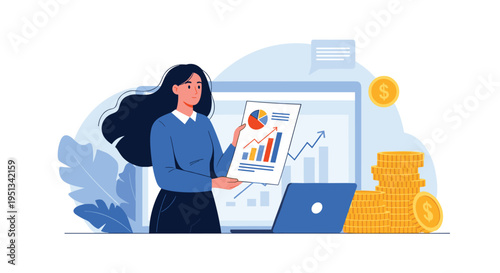 Businesswoman holds a financial report with charts and graphs while standing near a laptop and stacks of golden coins.