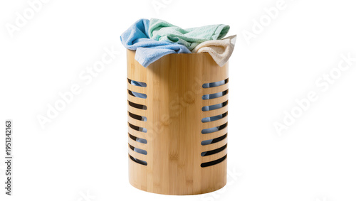 Fotografía Isolated stylish bamboo laundry hamper full of clean folded colorful towels read