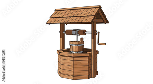 Traditional wooden wishing well features a rustic roof and a bucket suspended over the water source with a metal crank handle.