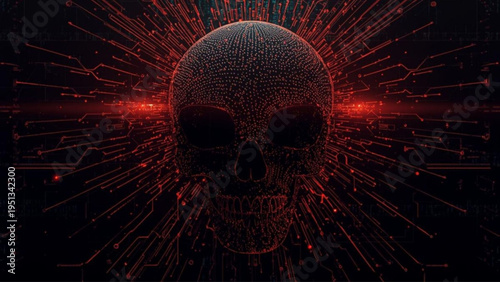 Glowing red skull with circuit lines on dark background symbolizing technology and danger