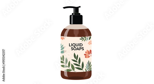 Decorative brown glass bottle of liquid soap features a botanical label with green and orange leaf patterns and a black pump.