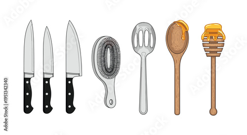 Assorted set of kitchen and household tools includes sharp knives, a hairbrush, a slotted spoon, and a wooden honey dipper.
